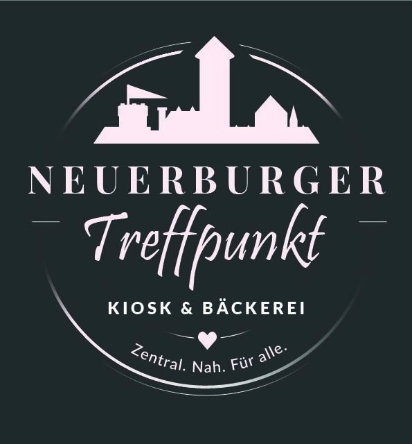 Erste Logo-Iteration: flache rosa Stadtsilhouette, Schreibschrift Treffpunkt, Claim Zentral. Nah. Für alle.