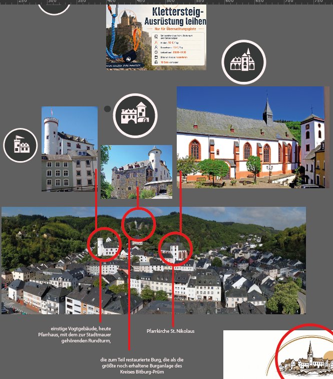 Moodboard in Illustrator: Referenzfotos von Burg, Pfarrkirche und Rundturm, im Stadtpanorama von Neuerburg rot markiert