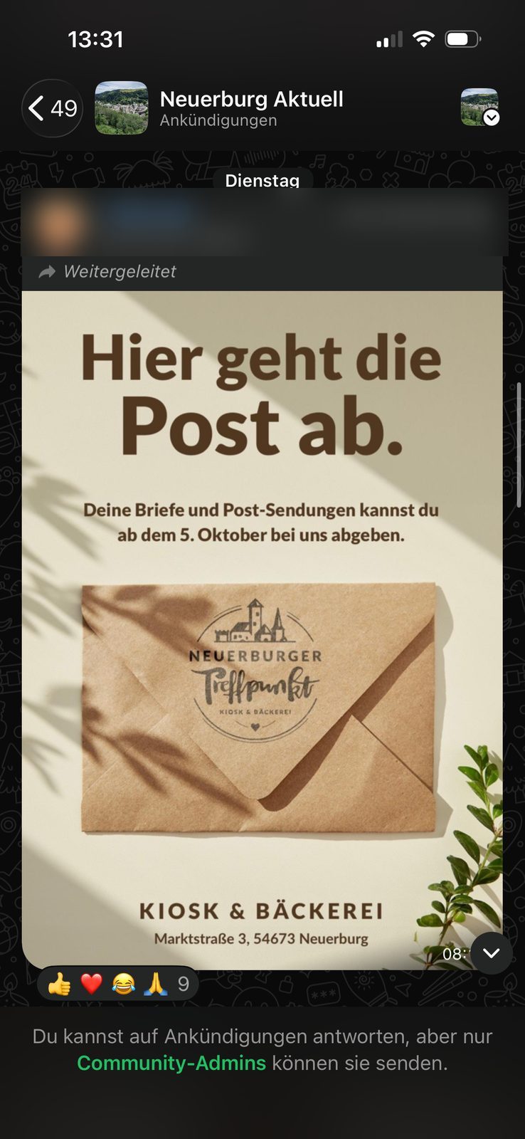 Screenshot: das Post-Plakat in der WhatsApp-Community Neuerburg Aktuell geteilt