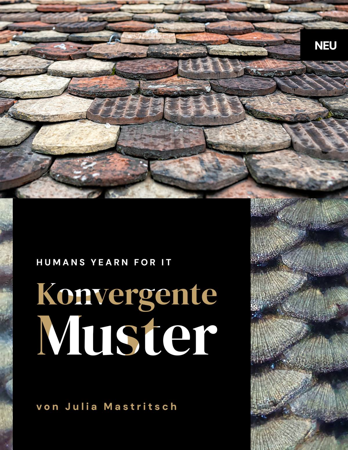 Buchcover „Konvergente Muster" mit Ziegeldach- und Fischschuppen-Fotografie